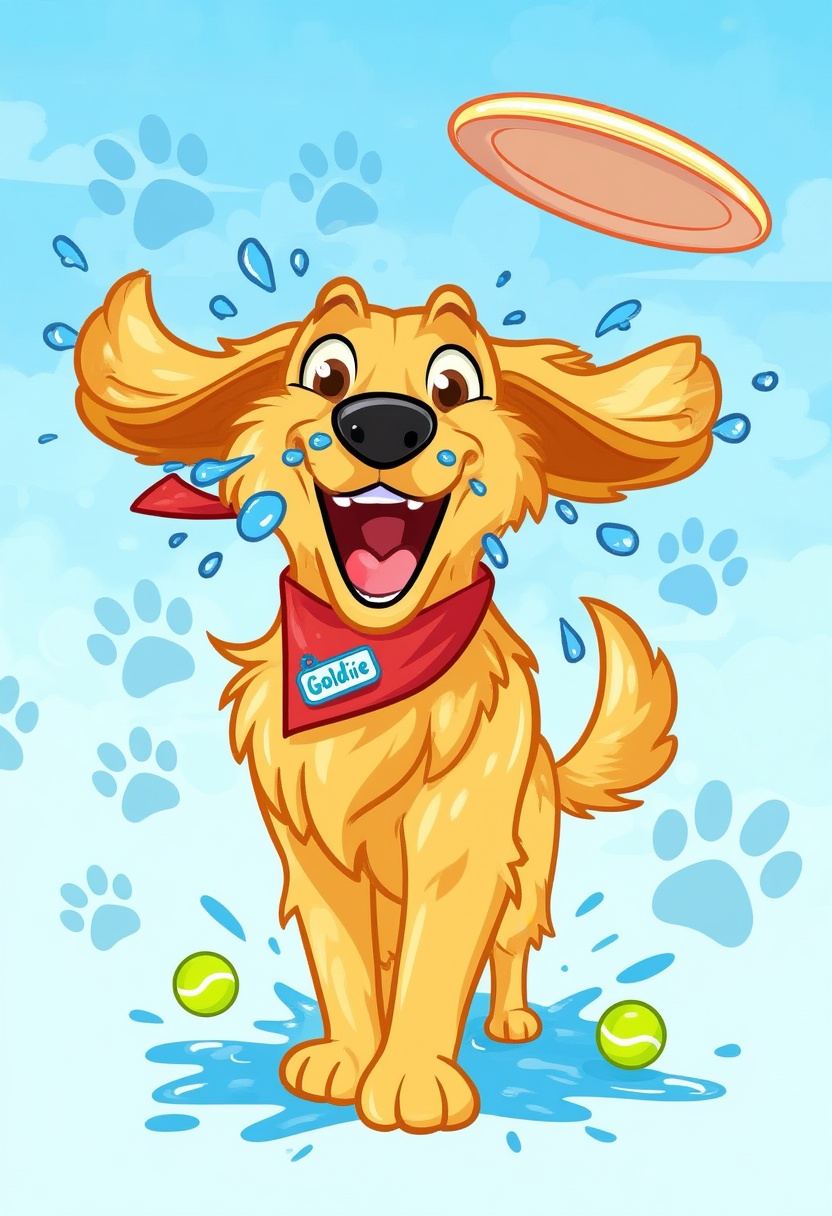 wdw-style,  This WDW-style illustration features a loyal golden retriever named Goldie—her name tag’s on her red bandana—s...