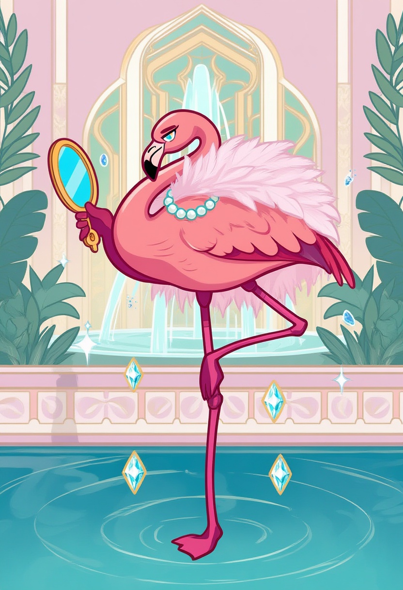 wdw-style,  A sophisticated pink flamingo named Crystal is balancing gracefully on one leg in a pond,  wearing a pearl nec...