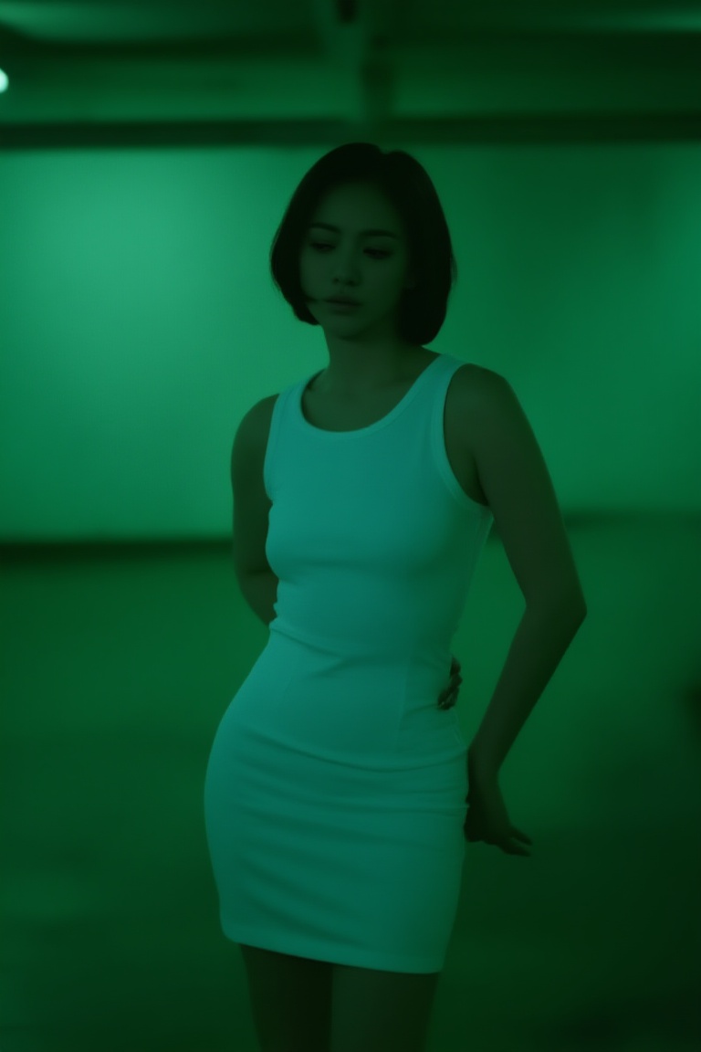 a single woman standing still,  short hair,  wearing white sleeveless top and mini dress on Tensor.Art