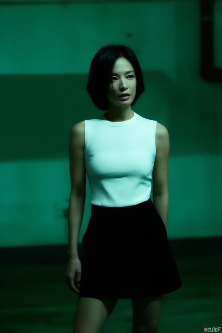a woman standing still,  short hair,  wearing white sleeveless top and black mini skirt on Tensor.Art