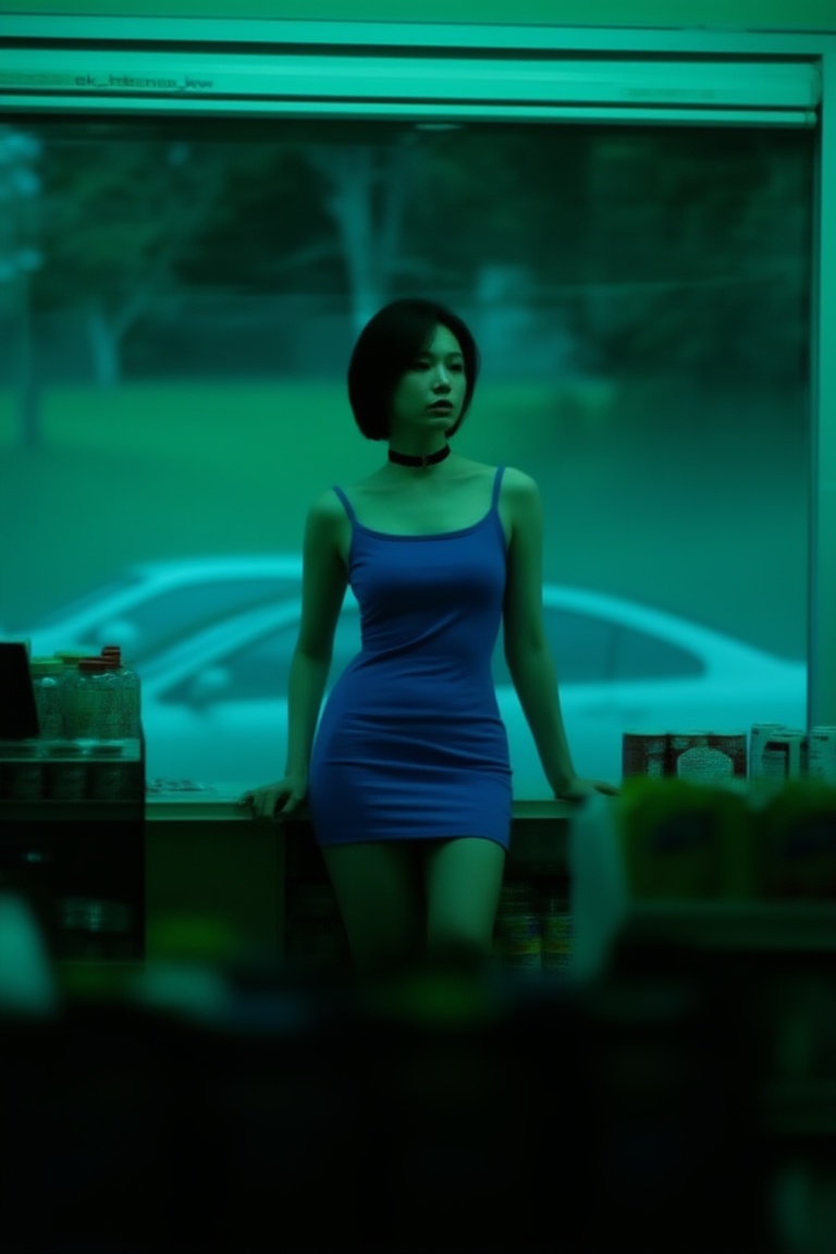 low-key cinematic convenience store scene,  a woman standing still behind a convenience store counter,  short hair on Tens...