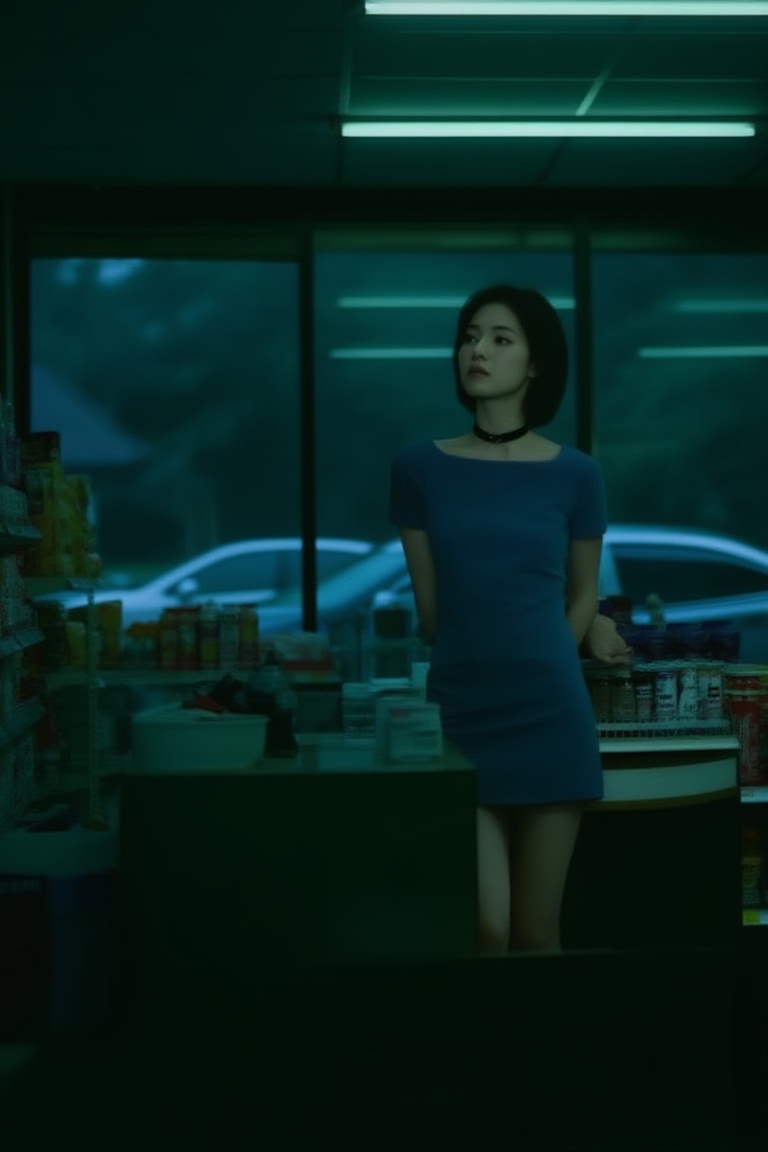 low-key cinematic convenience store scene,  a woman standing still behind a convenience store counter,  short hair on Tens...