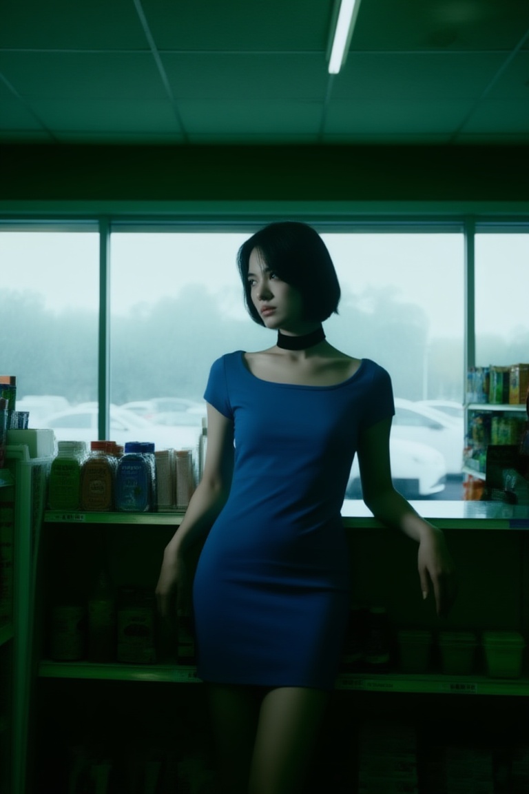low-key cinematic convenience store scene,  a woman standing still behind a convenience store counter,  short hair on Tens...