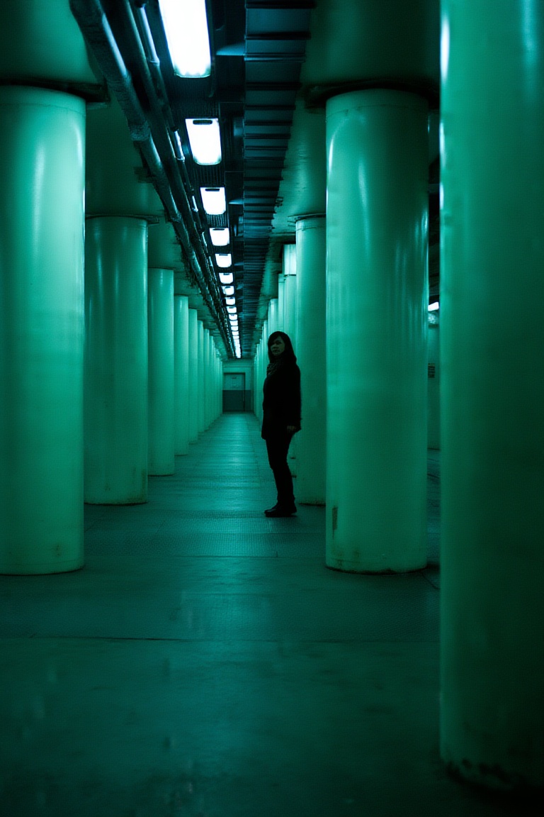 a woman standing at the center of a long industrial corridor,  strong perspective lines,  repeating columns and lights on...