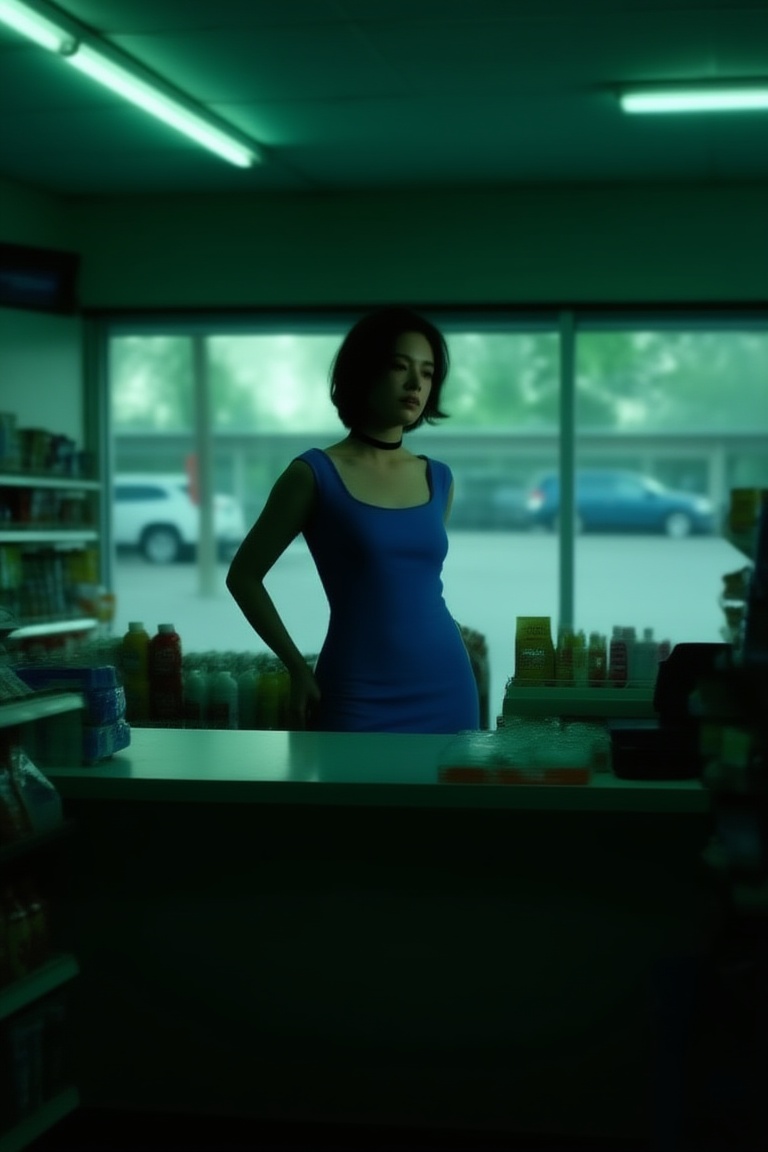 low-key cinematic convenience store scene,  a woman standing still behind a convenience store counter,  short hair on Tens...