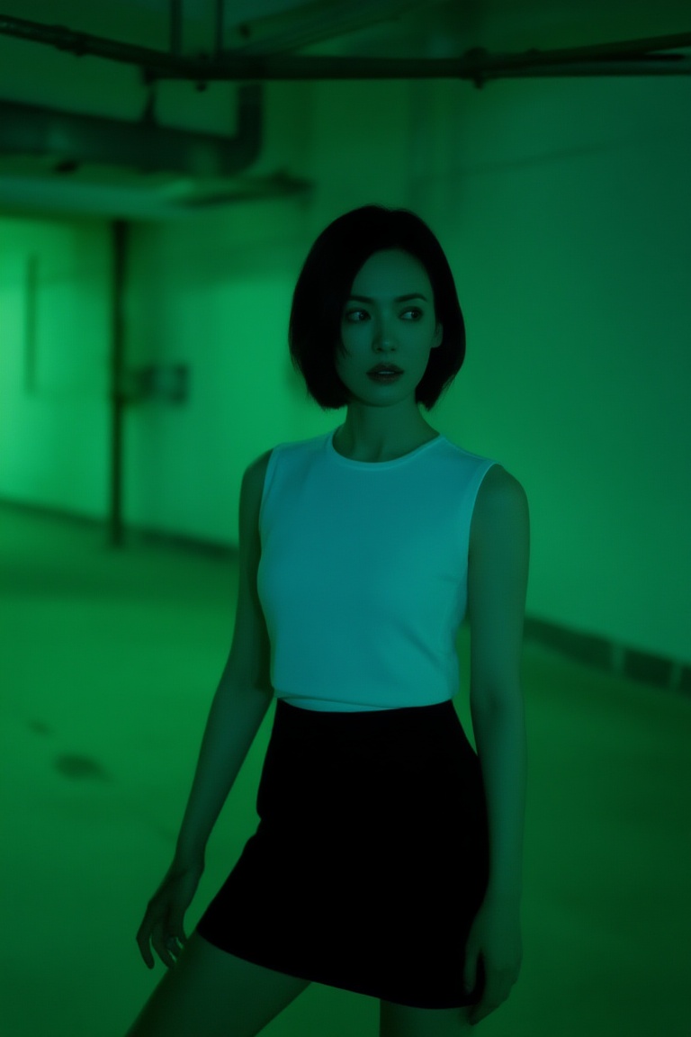 a woman standing still,  short hair,  wearing white sleeveless top and black mini skirt on Tensor.Art