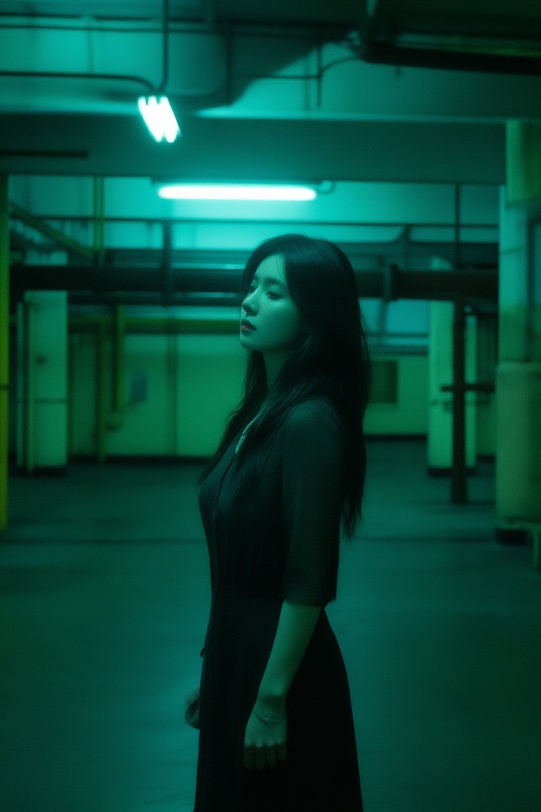 a woman standing alone in an industrial space,  low-key fluorescent lighting,  green tint on Tensor.Art