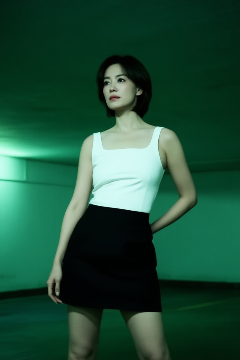 a woman standing still,  short hair,  wearing white sleeveless top and black mini skirt on Tensor.Art