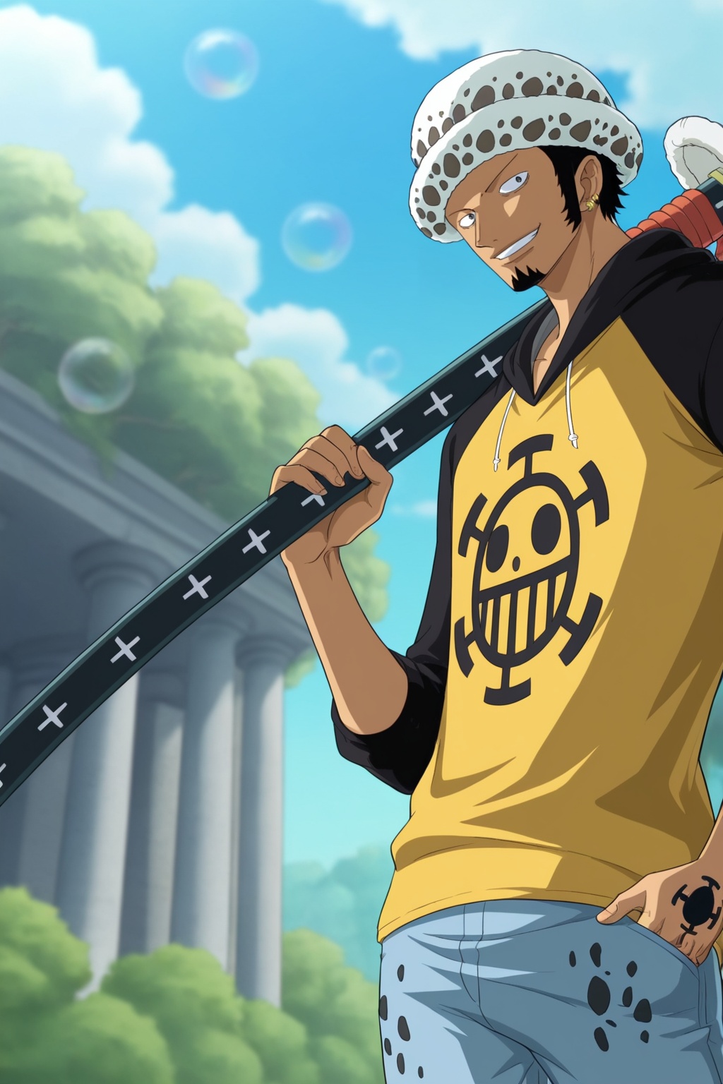 An anime-style male character stands confidently in a bright outdoor setting wearing a white hat with black spots and a ye...