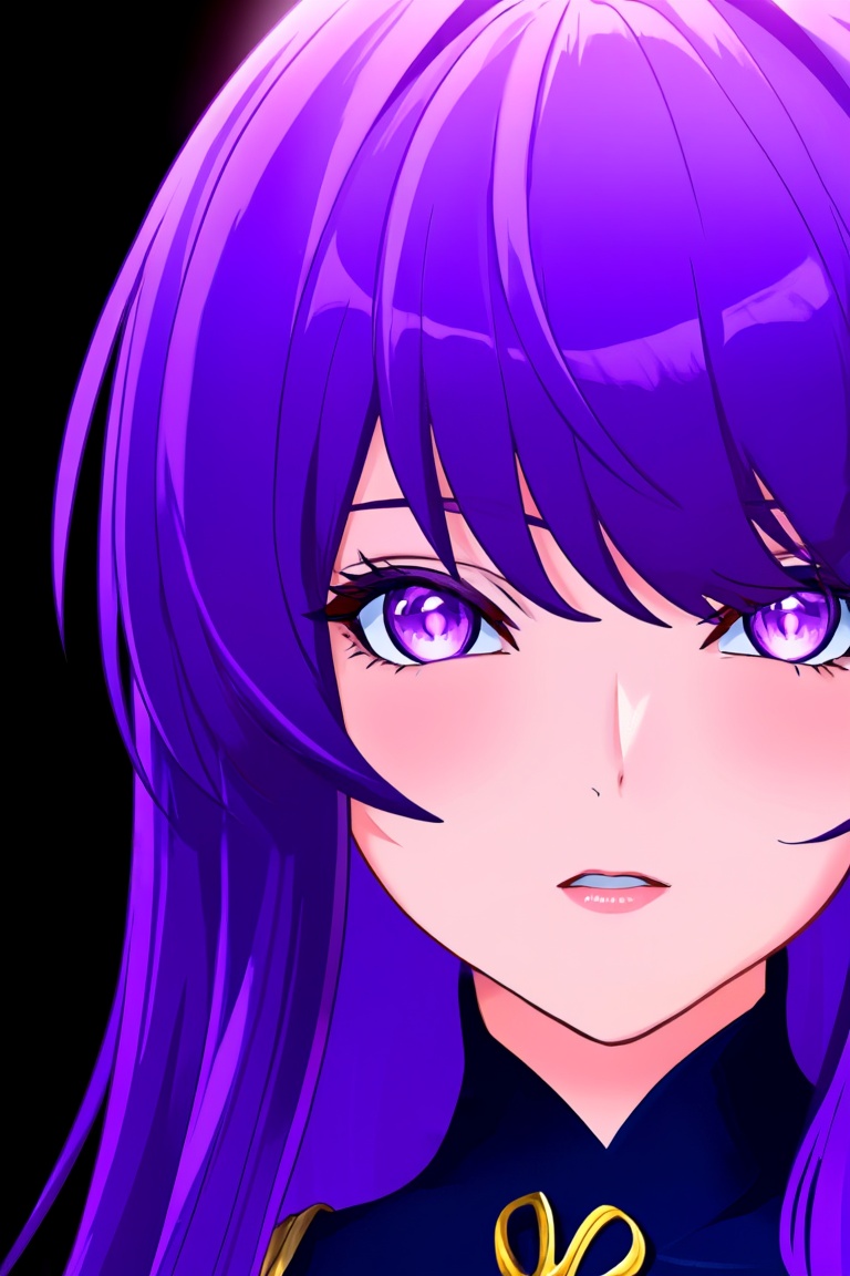 anime,  close-up portrait of a anime girl with long vibrant purple hair and sharp bangs,  intense purple eyes with detaile...