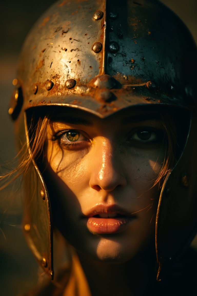 Extreme close-up of a young woman staring directly into the camera,  her face half-framed by a battered medieval steel hel...