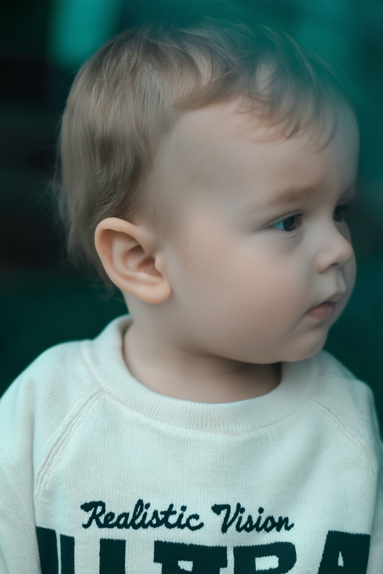 A young child with light hair and a thoughtful expression gazes outward. The child is wearing a cream-colored sweater with...