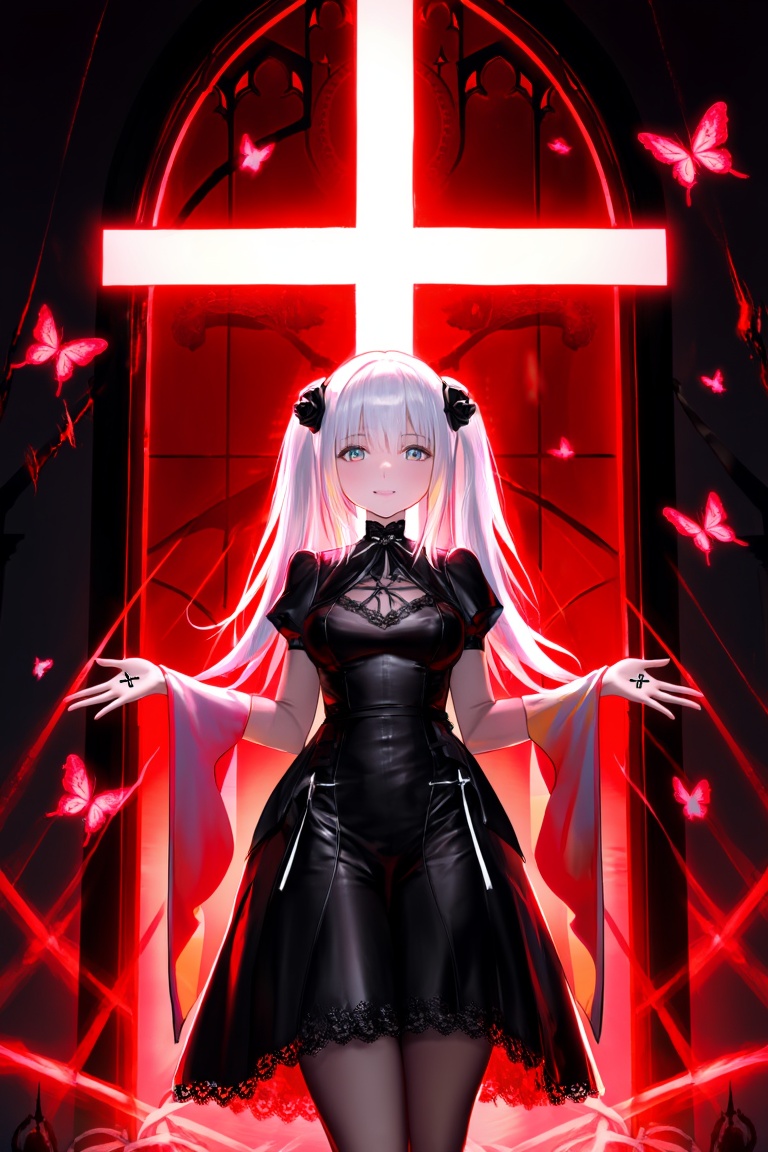 A anime girl with platinum blonde hair styled in twin tails stands centered under a towering gothic archway. Behind her,...