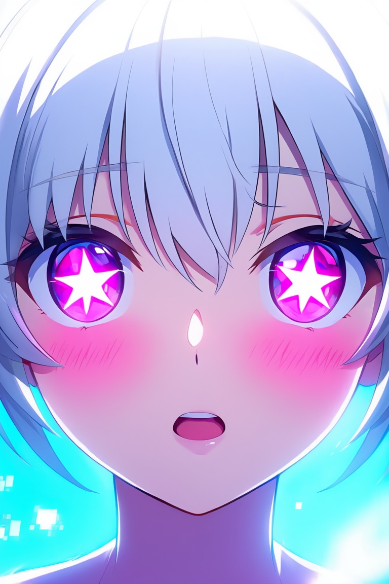 anime,  close-up portrait of a anime girl with short silver-white hair and oversized expressive eyes — each iris contains...