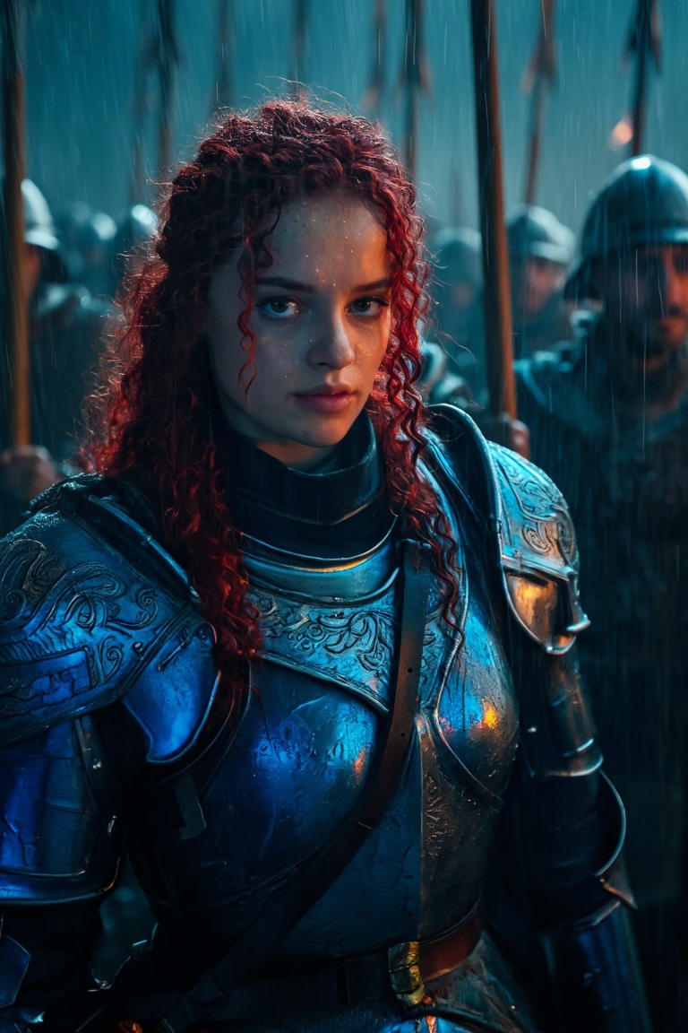 A young woman with vivid curly red hair stands in heavy rain,  gazing directly into the camera with unwavering intensity....