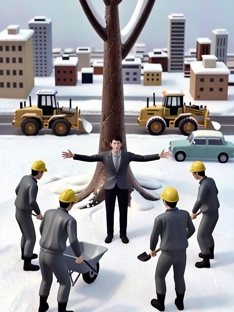 The image is a digital CGI scene depicting a winter scene with a man standing in the center,  arms outstretched,  in front...