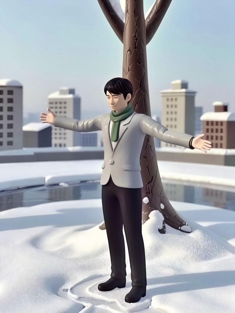 This image is a digital drawing in a realistic CGI style,  featuring a young man standing in a snowy,  urban setting. The...