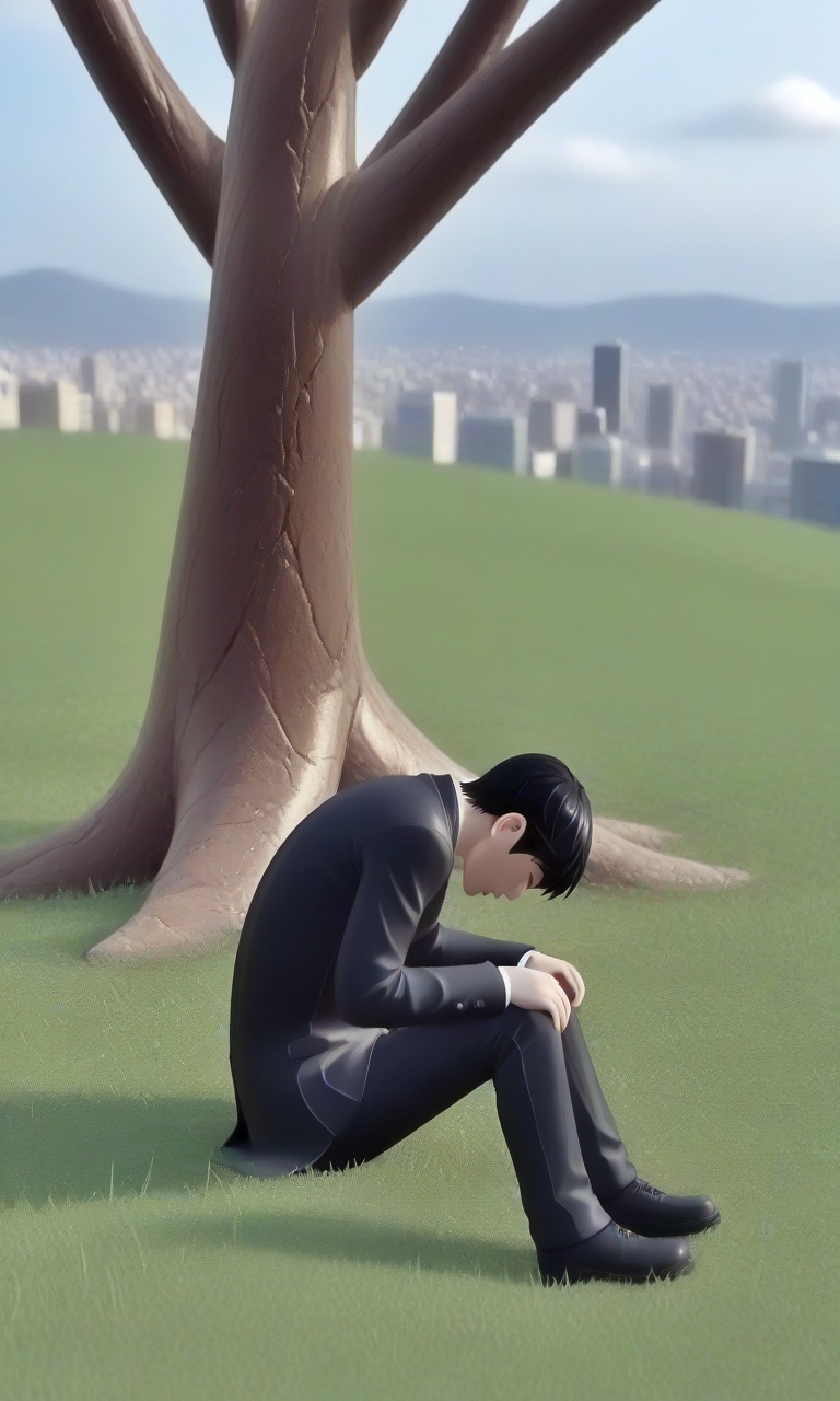 1boy,  sitting on grass,  head down on Tensor.Art