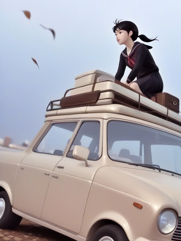retro car roof rack loaded,  beige car,  ground vehicle on Tensor.Art