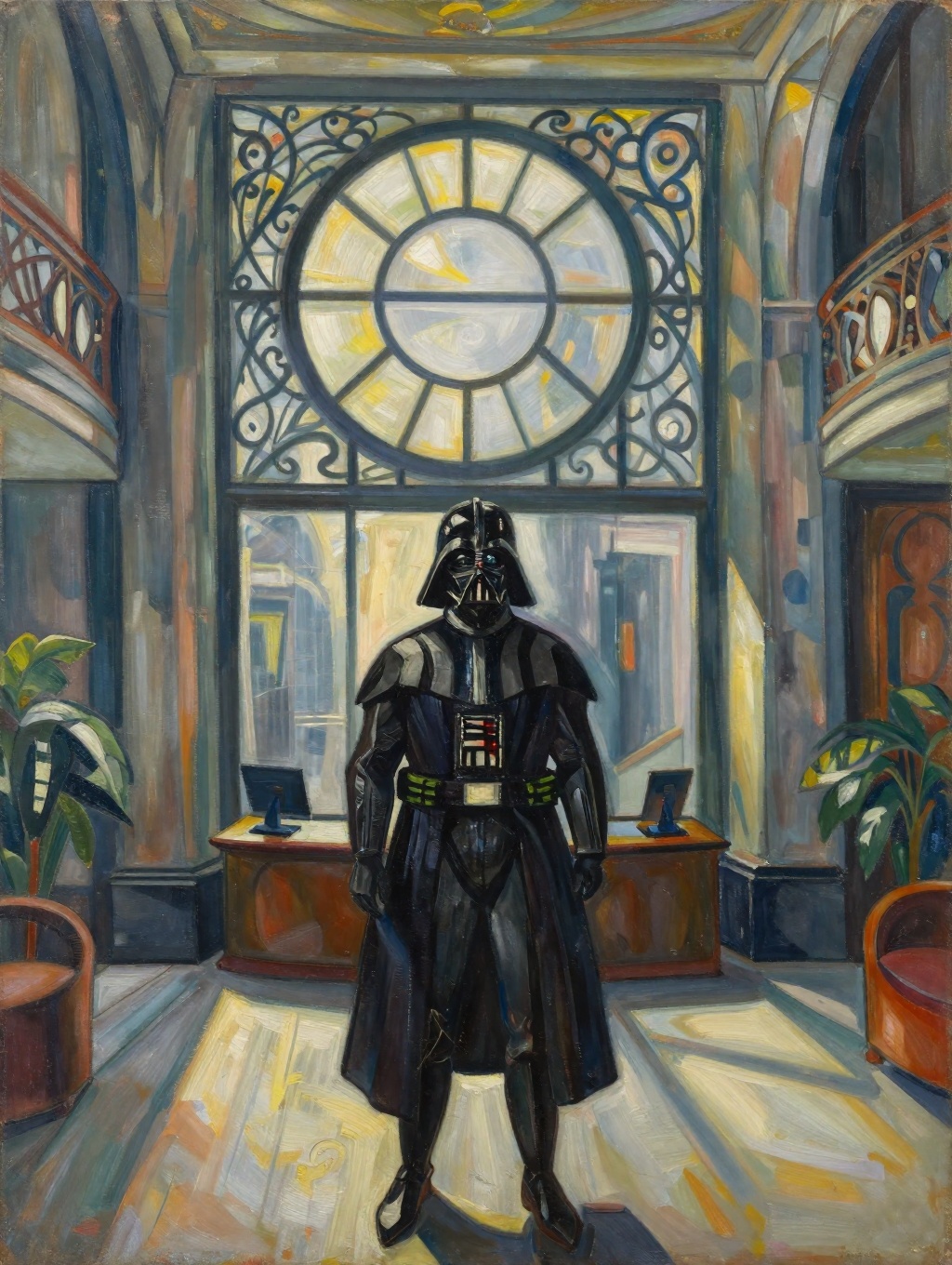 Expressionist painting of Darth Vader in an art deco foyer bright office building with sun streaming in through a large ci...