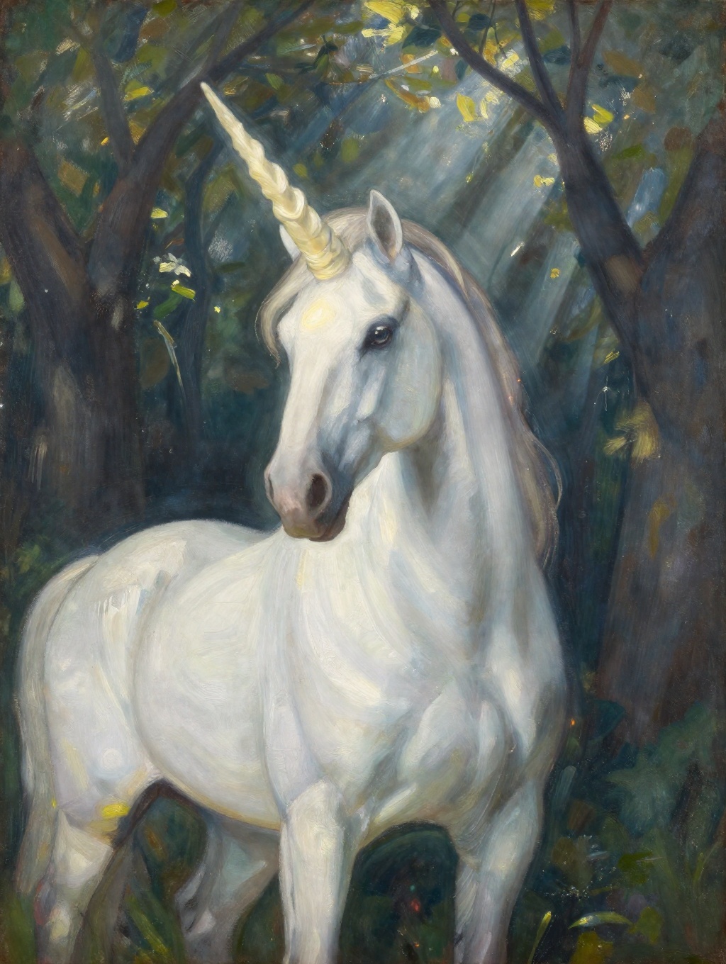 Expressionist painting of a mythical white unicorn in a forest clearing. The ivory textured horn on the horse's head glows...