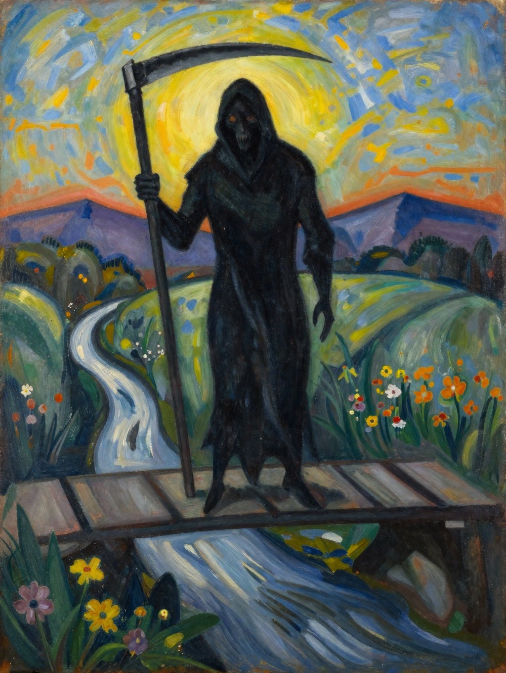 Expressionist painting of the grim reaper holding his scythe and standing on a bridge spanning a winding stream under a su...