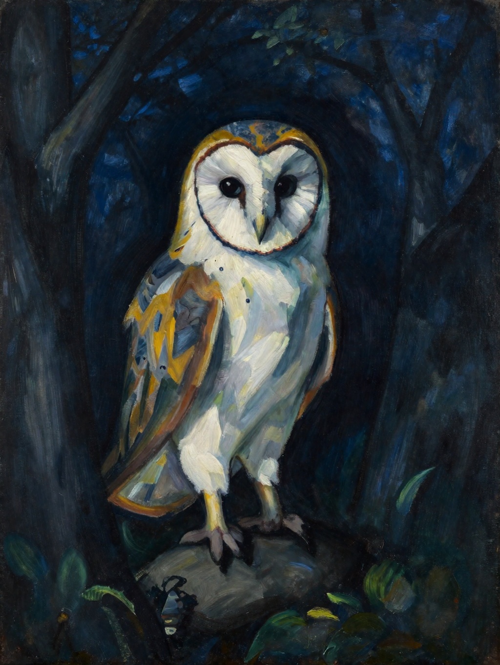 Expressionist painting of a barn owl emerging from the shadows of a nighttime forest on Tensor.Art