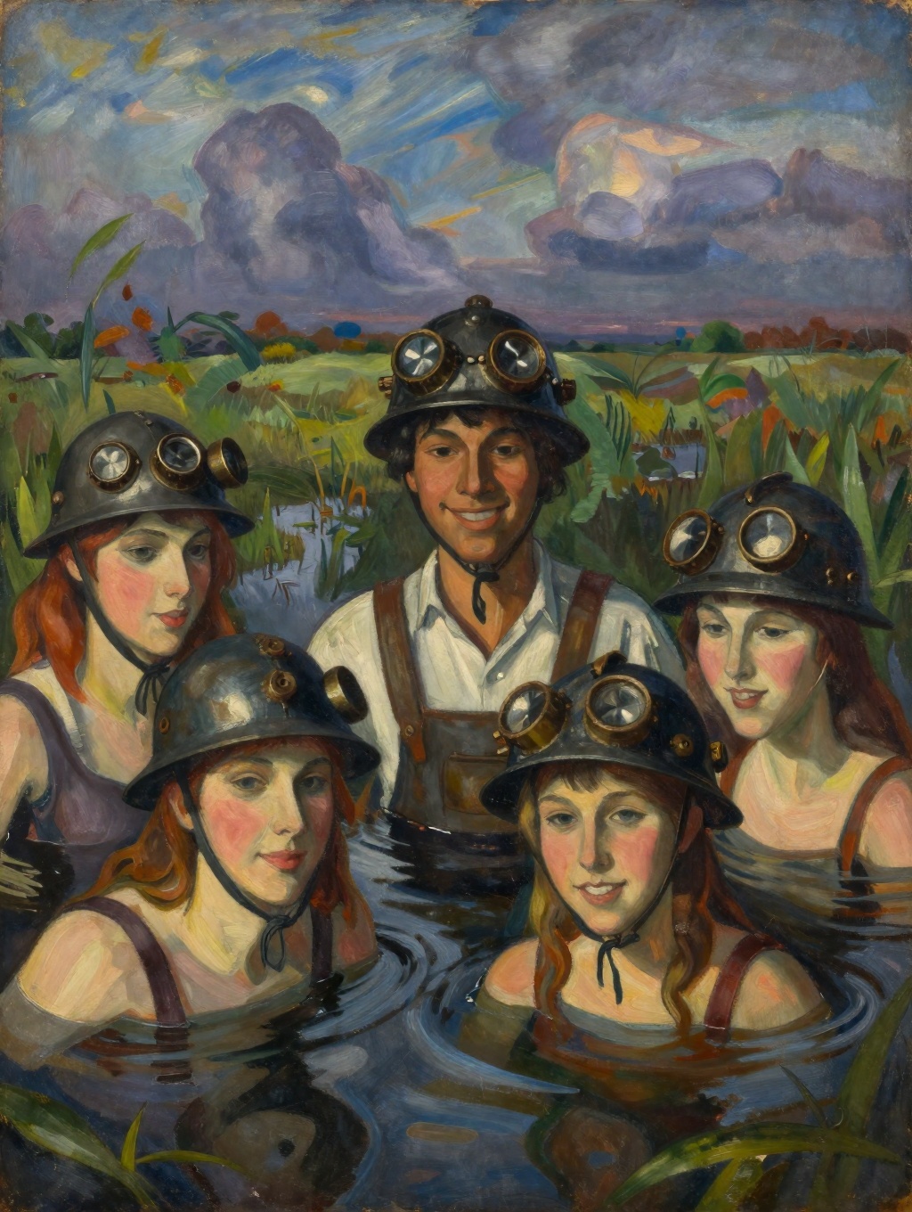 Expressionist painting closeup portrait of diverse cheerful young adults wearing steampunk iron helmets as they sink deep...