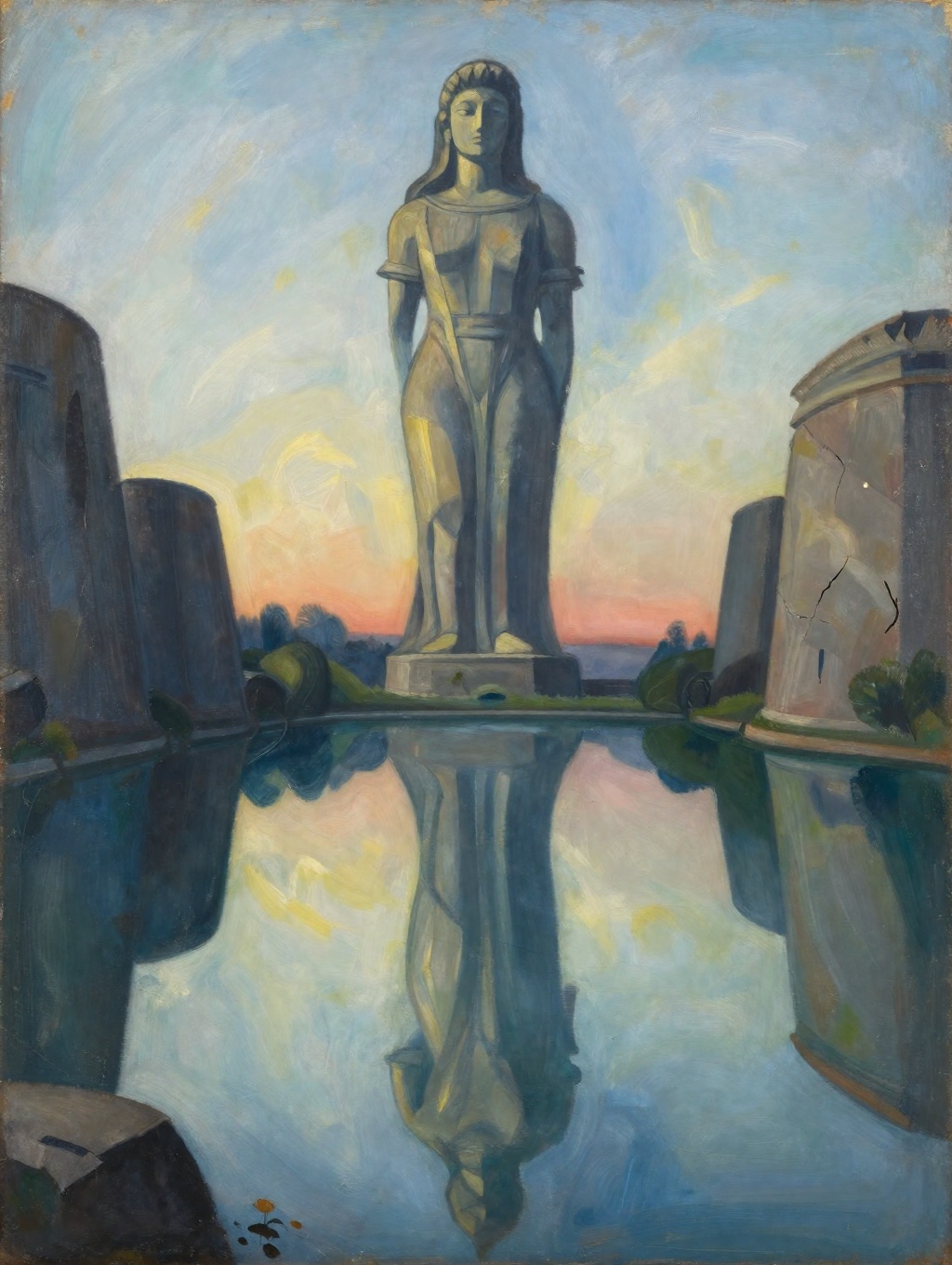 Expressionist painting of a clear glass-smooth lake at dawn with tall banks all around and rising from the middle of the l...