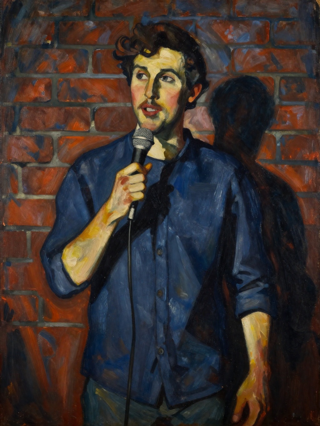 Expressionist painting portrait of a French-Welsh-Irish comedian on stage holding a microphone in front of a brick wall. D...