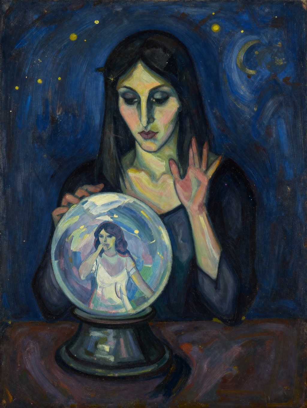 Expressionist painting of a gypsy fortune teller gazing into a crystal ball that shows a vision of your future on Tensor.Art
