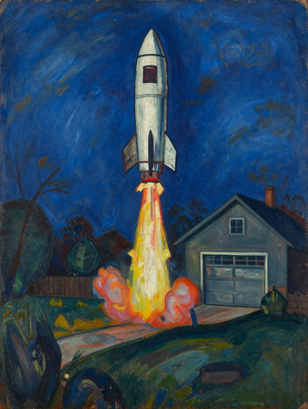 Expressionist painting of a backyard launch of a baroque-styled rocket ship,  nighttime behind the garage of a rural home...