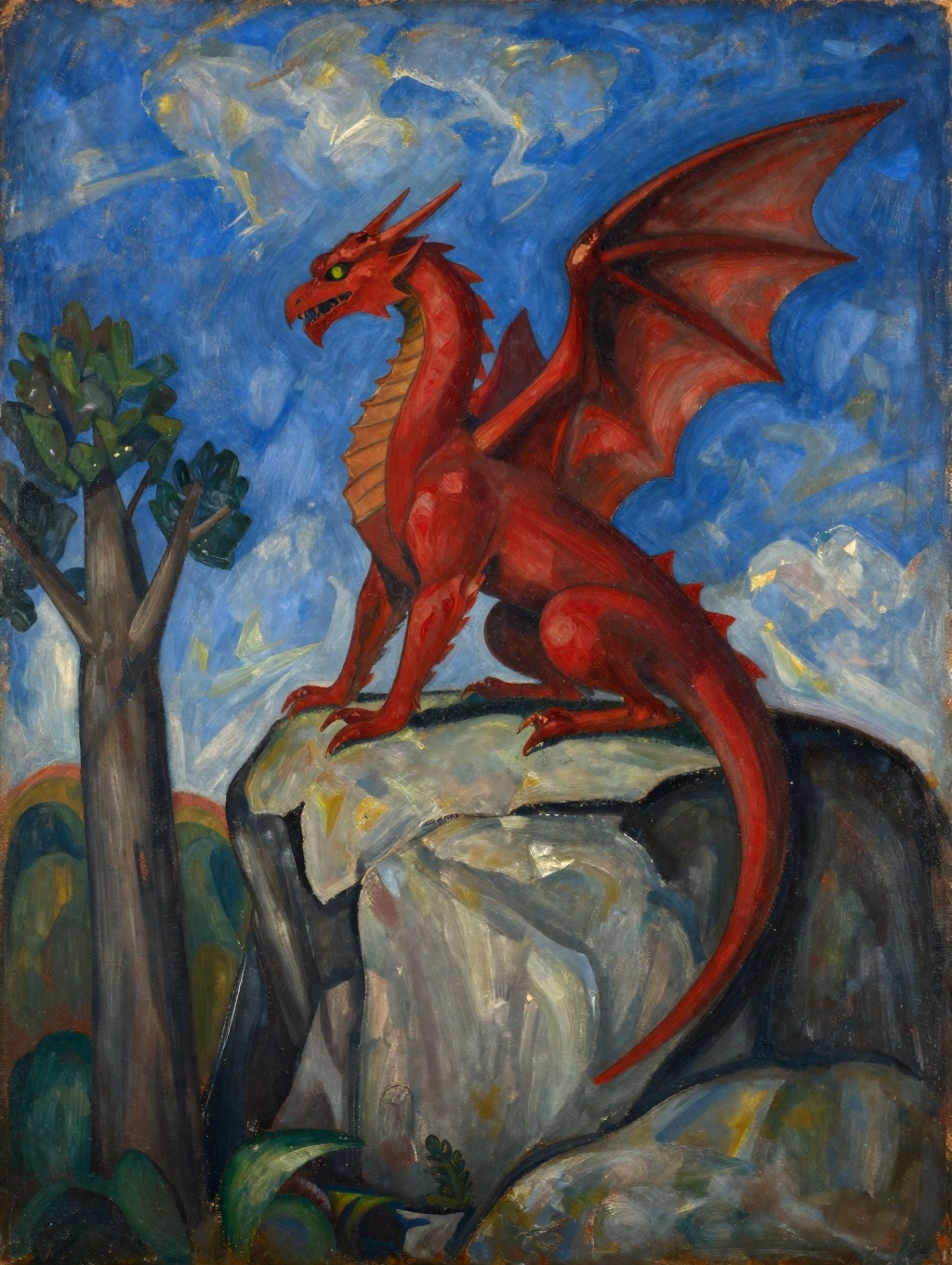 Expressionist painting of a winged red dragon perched on a rocky cliffside with a tree under a blue sky with clouds on Ten...