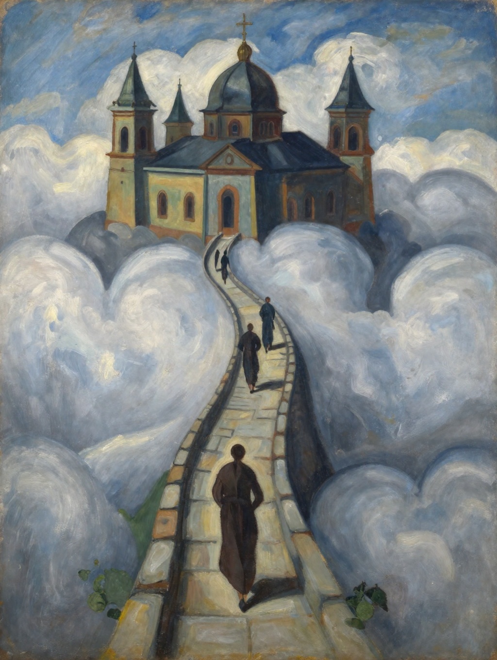 Expressionist painting of a mountaintop monastery shrouded in clouds,  with monks moving silently along stone paths on Ten...