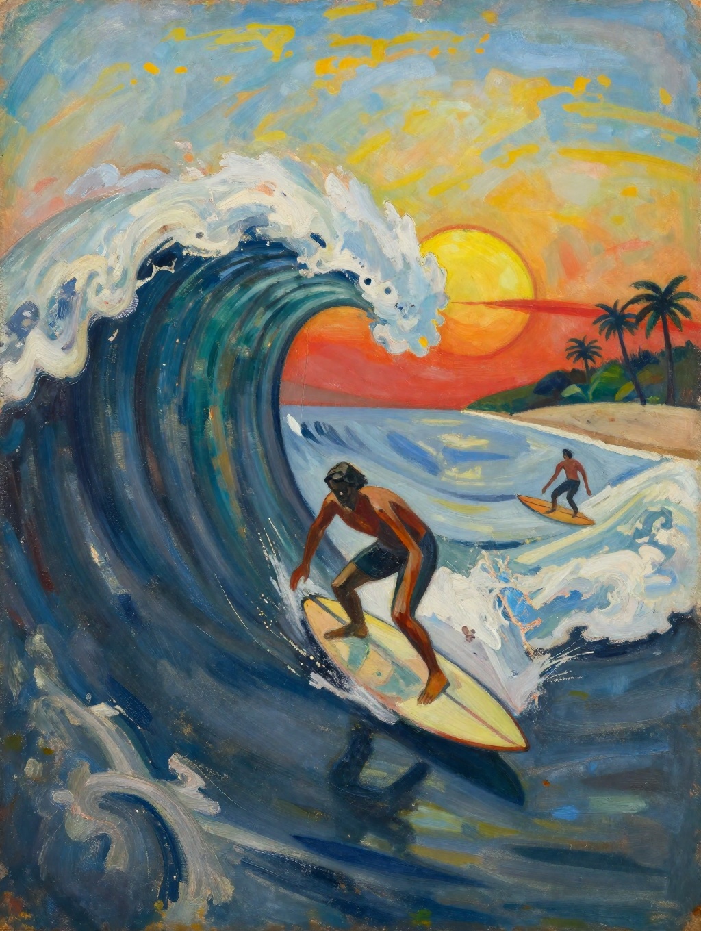 Expressionist painting of a surfer riding a massive wave,  with the sun setting in the background. The ocean is turbulent,...