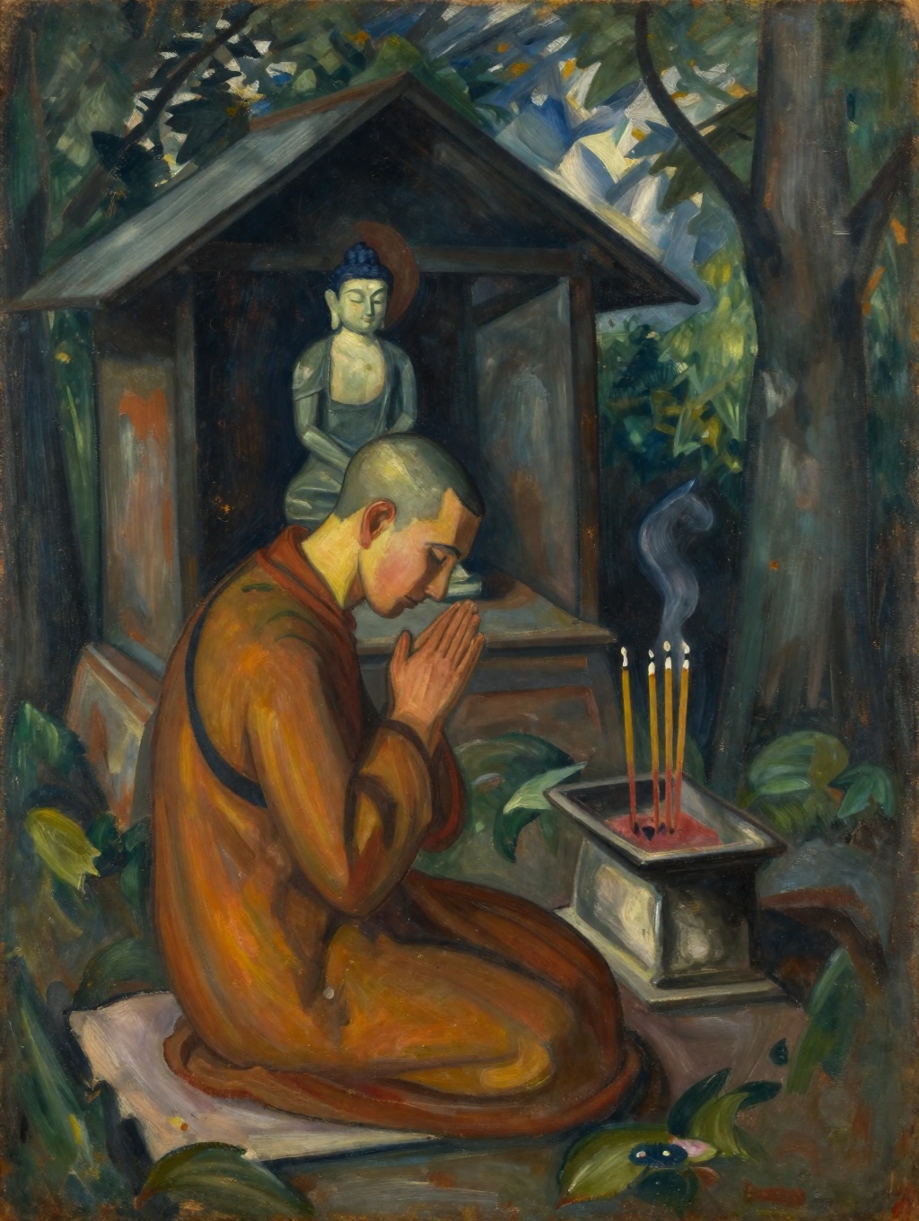 Expressionist painting of a monk in prayer at a small forest shrine with incense and statue of buddha on Tensor.Art