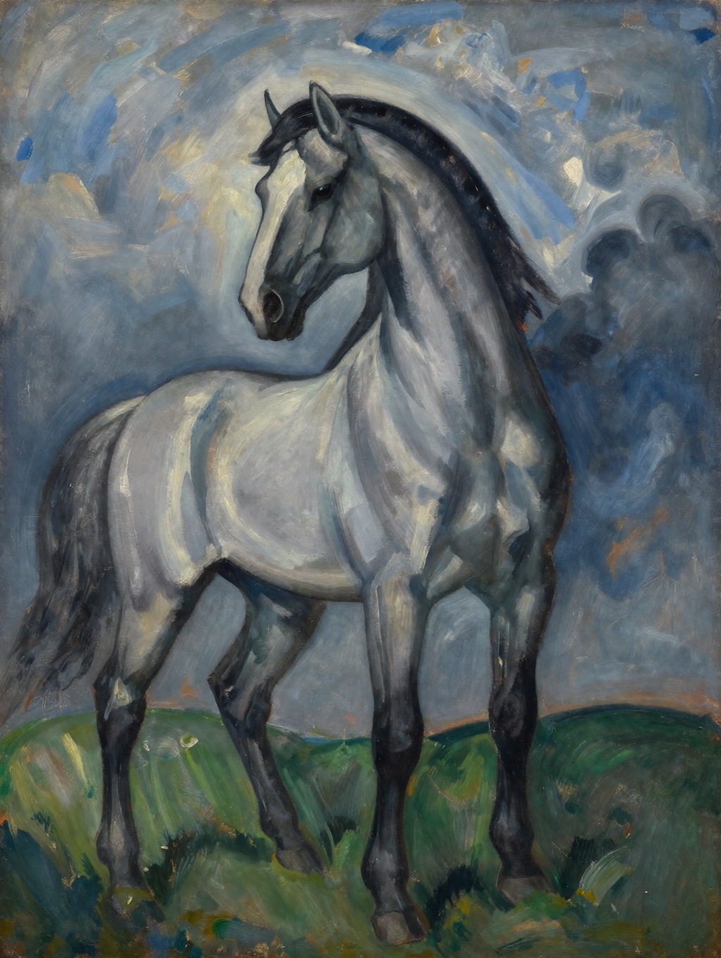Expressionist painting of a majestic wild horse on a grassy hill under a dramatic sky on Tensor.Art