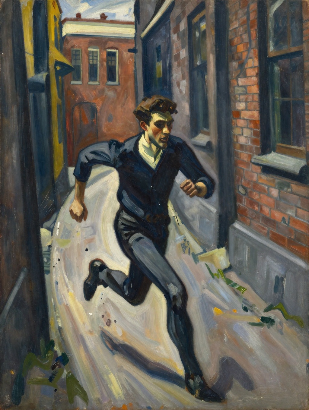 Expressionist painting of a man running in a narrow alleyway action scene. Dutch angle. Chaotic,  light dust,  with brick...