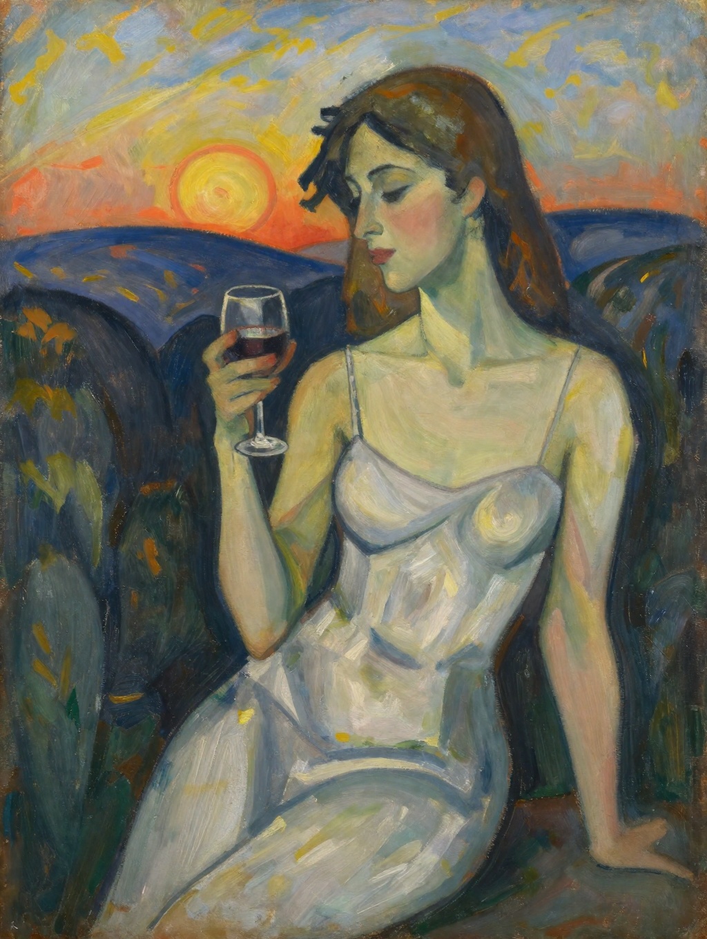 Expressionist painting of a beautiful model with a glass of wine outdoors with a setting sun over rolling hills on Tensor.Art