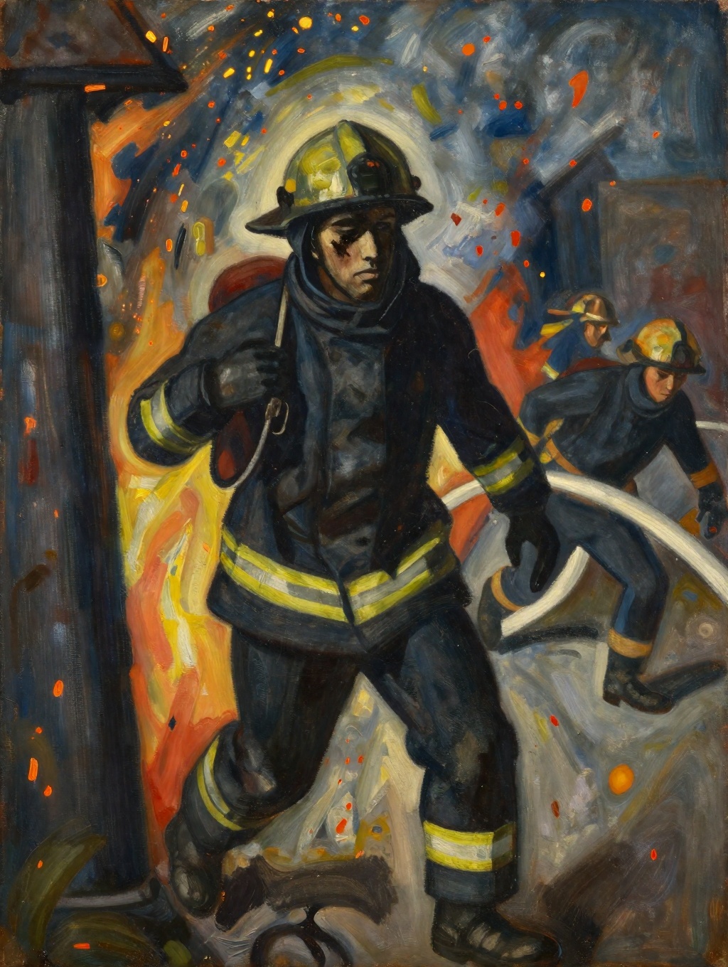 Expressionist painting of a firefighter emerging from a burning building,  face streaked with soot,  embers floating aroun...