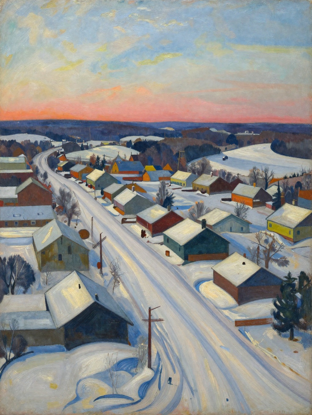 Expressionist painting aerial view of a Manitoba small town in winter at sunrise on Tensor.Art