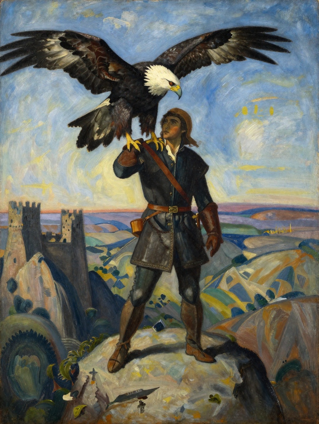Expressionist painting of a falconer in medieval attire with a majestic eagle perched on her leather-gloved arm,  standing...