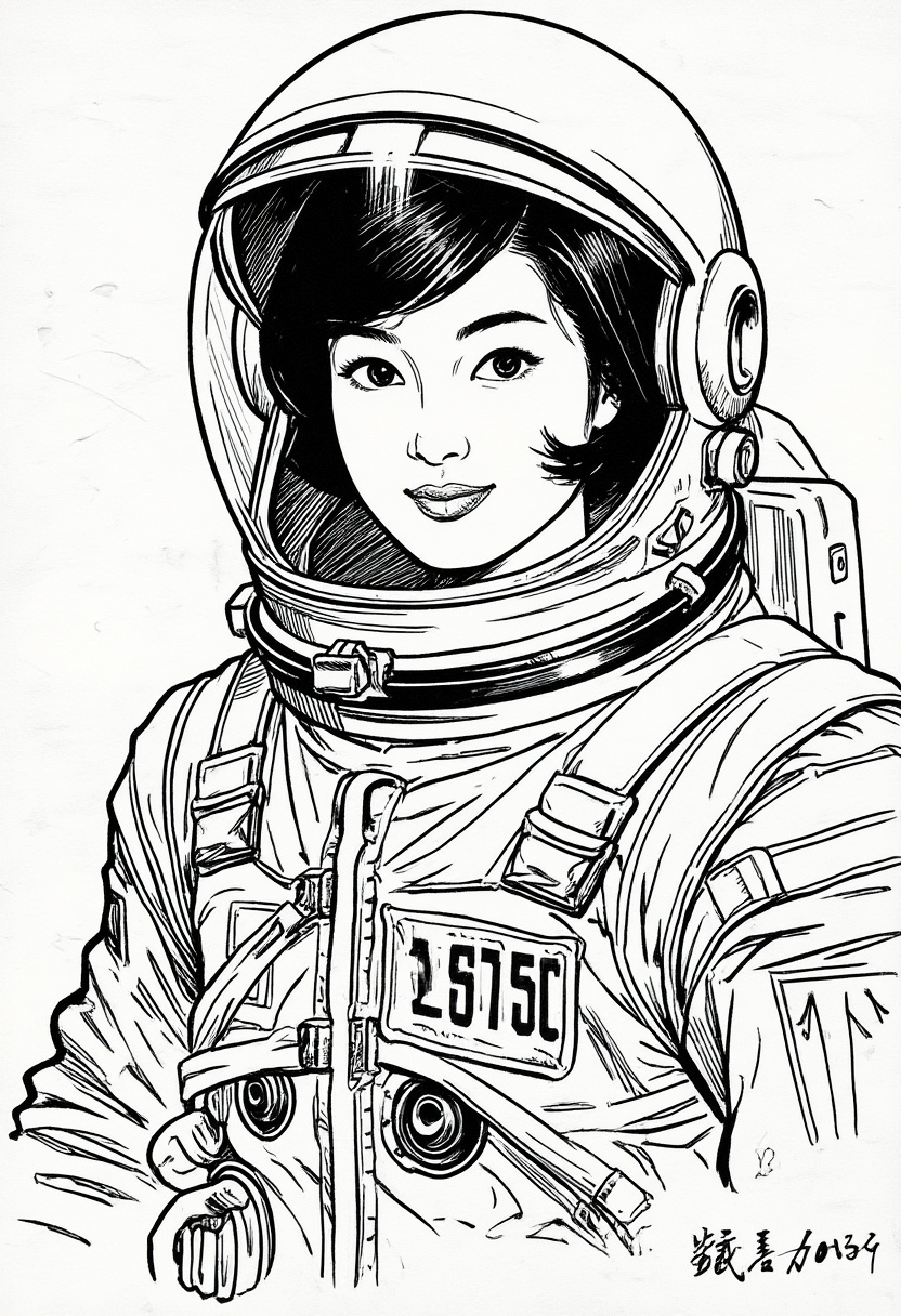 illustration of Japanese woman 1960s Astronaut in style of ink sketch on construction paper. ((intricate paper texture)) o...