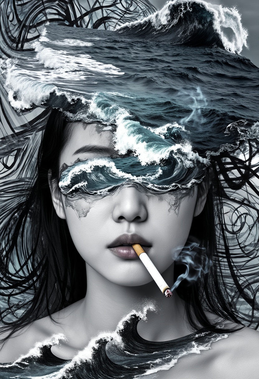 A surreal artwork showing a asian woman face with a cigarette in their mouth. upper face is obscured by what looks like a...