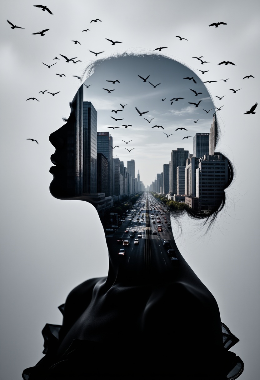 photorealistic silhouette of woman's head,  within which there appears to be a cityscape with buildings. (birds FLY BETWEE...