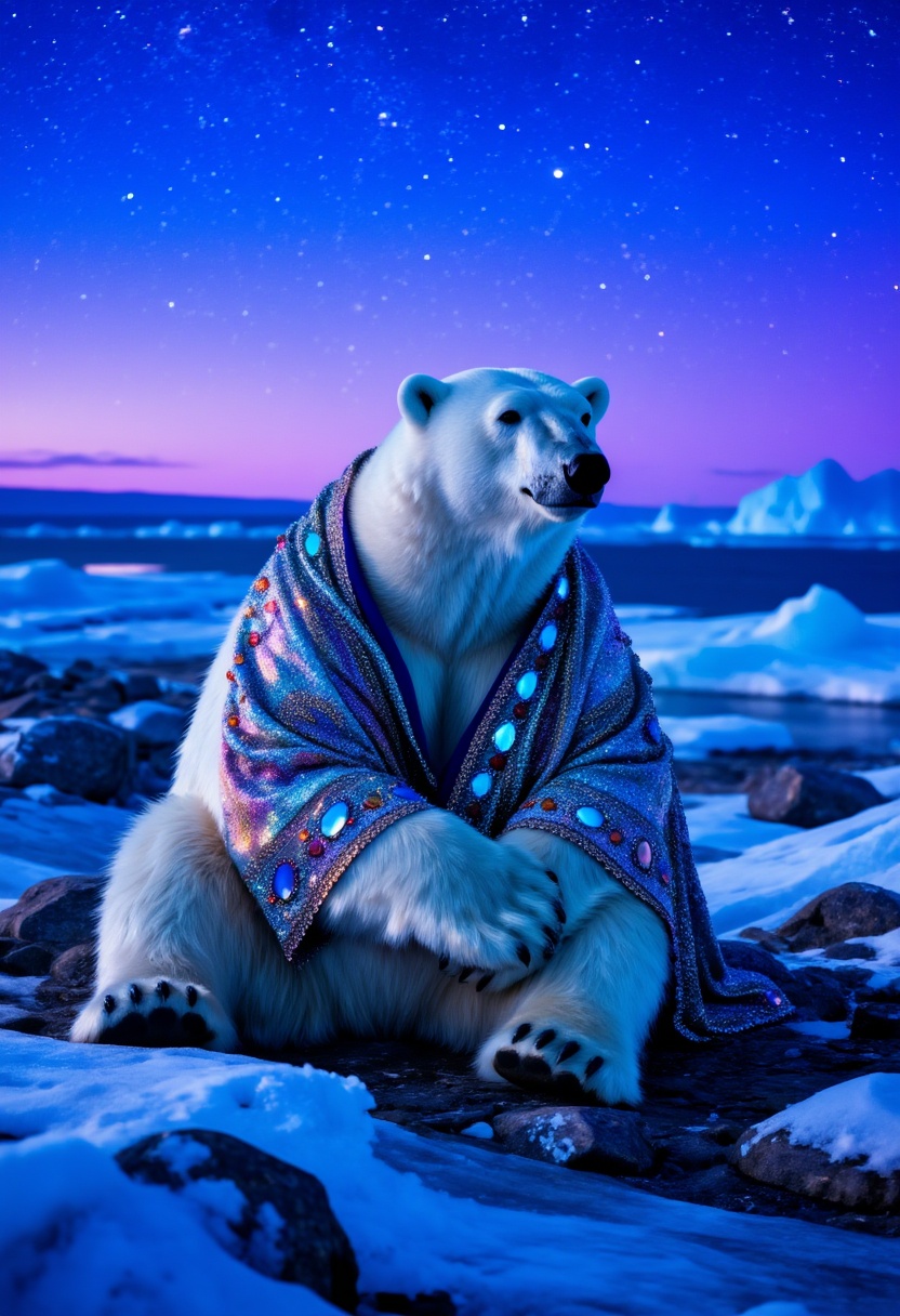 In this captivating realistic shot,  an anthropomorphic polar bear dressed in a richly textured,  jewel-toned shawl sits c...