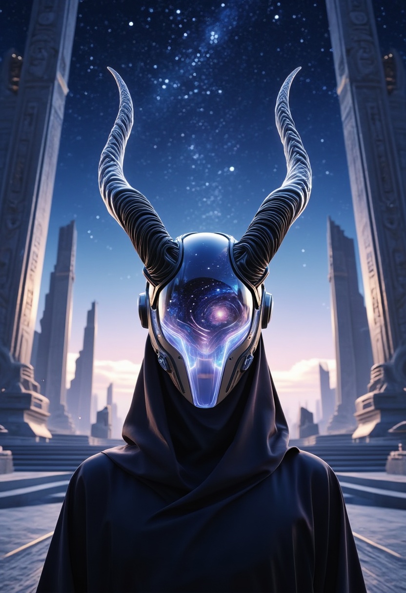 Cinematic,  futuristic scene featuring a close-up portrait of a mysterious figure wearing a dark,  flowing robe. The figur...