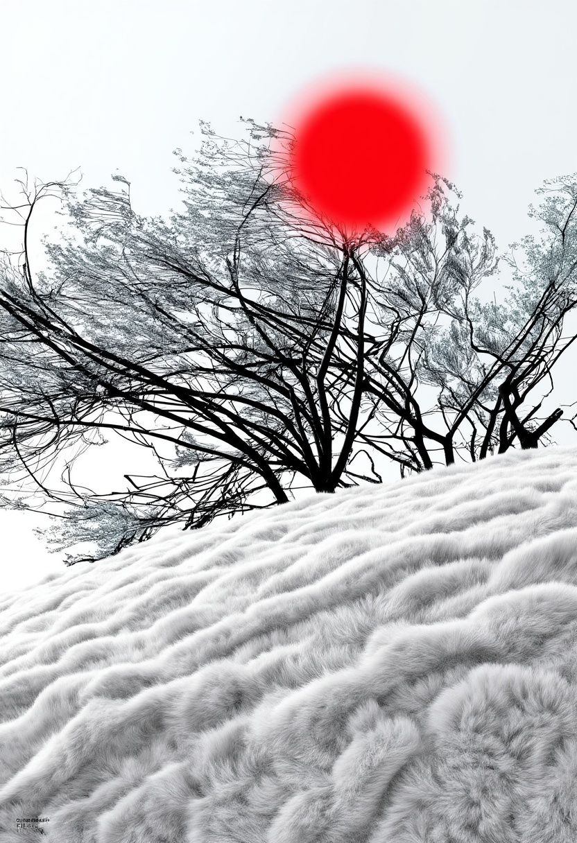 Abstract,  white fleecy hill,  sprawling black and white tree on Tensor.Art
