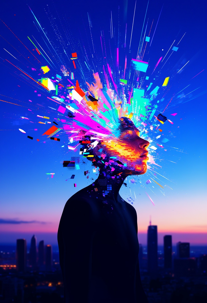 A surreal and glitch-inspired depiction of a figure with their head dissolving into a vibrant explosion of colorful light...