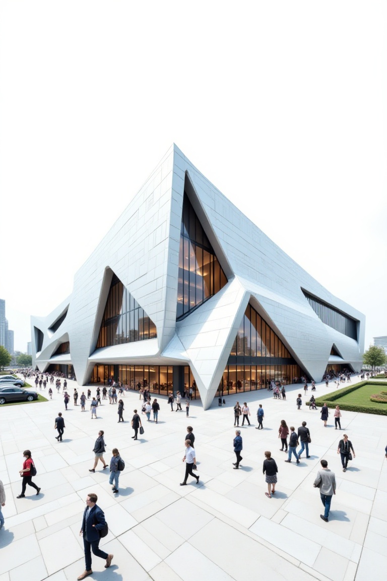Captured at eye-level on a high-angle perspective,  a medium-angle view of a modern white building,  adorned with a pyrami...
